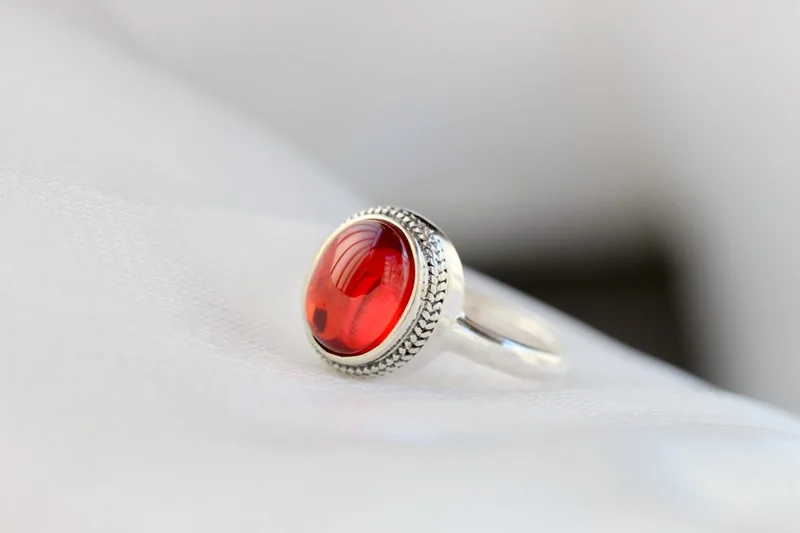 

New 925 sterling silver inlaid with red corundum handmade silver simple retro women's open ring