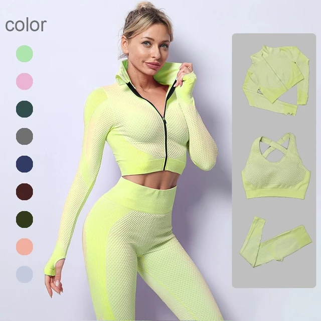 Conjunto De Yoga Sin Costuras Para Mujeres , Ropa Deportiva , Gimnasio ,  Fitness , Manga Larga , Crop Top , Leggings De Cintura Alta