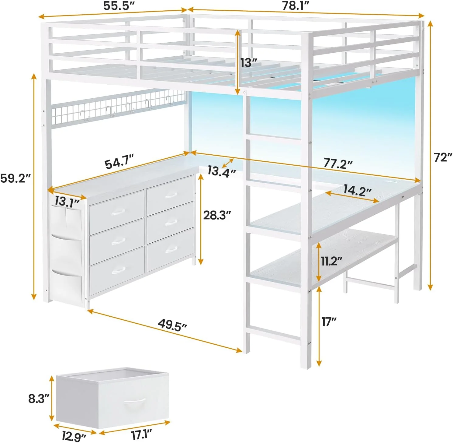 Loft Bed Full Size with U-Shaped Desk, 6 Storage Drawers, Power Outlet, LED Metal Loft Bed with 2 Storage Shelves