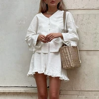 Tenue de salon vintage pour femme, chemise boutonnée à col en V, chemisier à manches longues, taille élastique en Y, short à volants, ensemble décontracté 2 pièces, automne 1