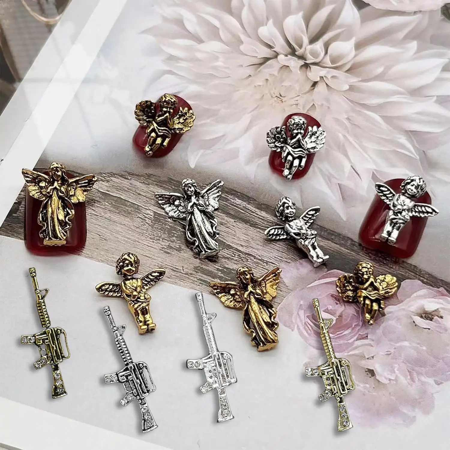 44PCS Virgin Mary Cupid Angel 3D Nail Gems Gold Sliver Nail Decorations Nail Rhinestones Accessor Nail Art Supplies Manicure DIY 3