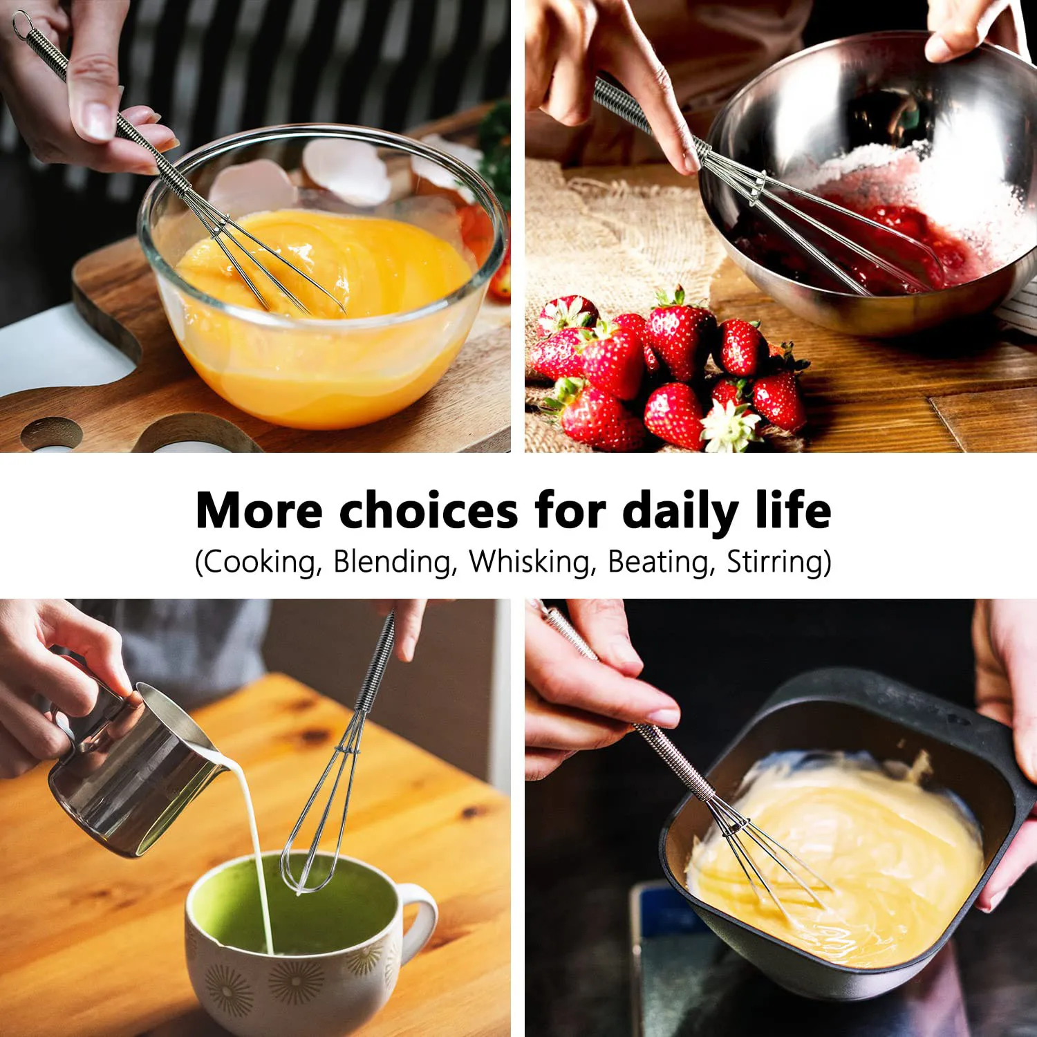Leeseph Wire Whisks, 5in 7in 8in Stainless Steel Kitchen Mini Whisk & Egg Beater for Cooking, Blending, Beating and Stirring