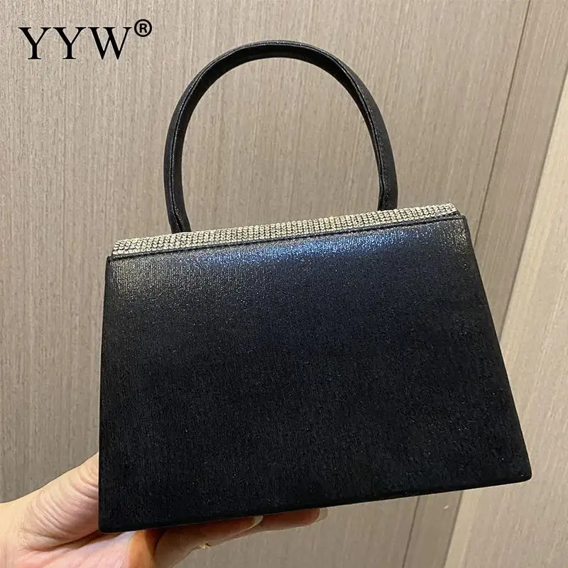 Square PU Leather Women Top Handle Bag Shiny Rhinestone Bowknot Clutch Handbag Metal Chain Crossbody Shoulder Messenger Purse