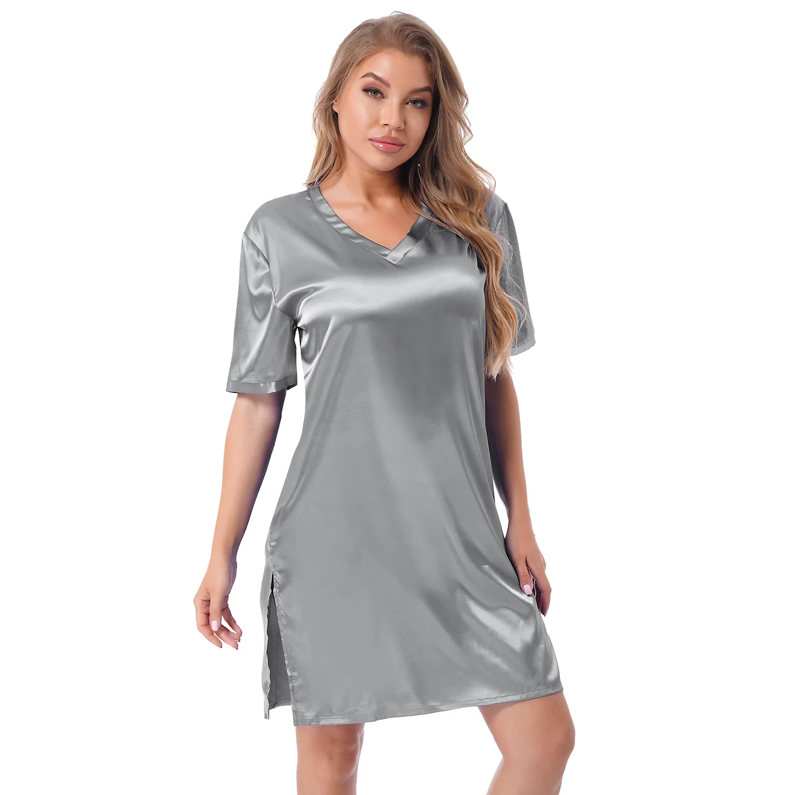 Womens Sides Split Nightgown Shirt Robes Satin Sleepwear Pajamas V Neck Night Dress Home Clothes Nightwear Sexy Night Homewear