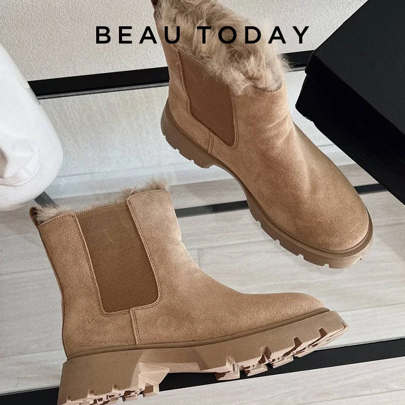 Women Snow Boots BeauToday Chelsea Boots Women Suede Leather Snow Boots Warm Fur Round Toe Ladies Platform Shoes Handmade 08206