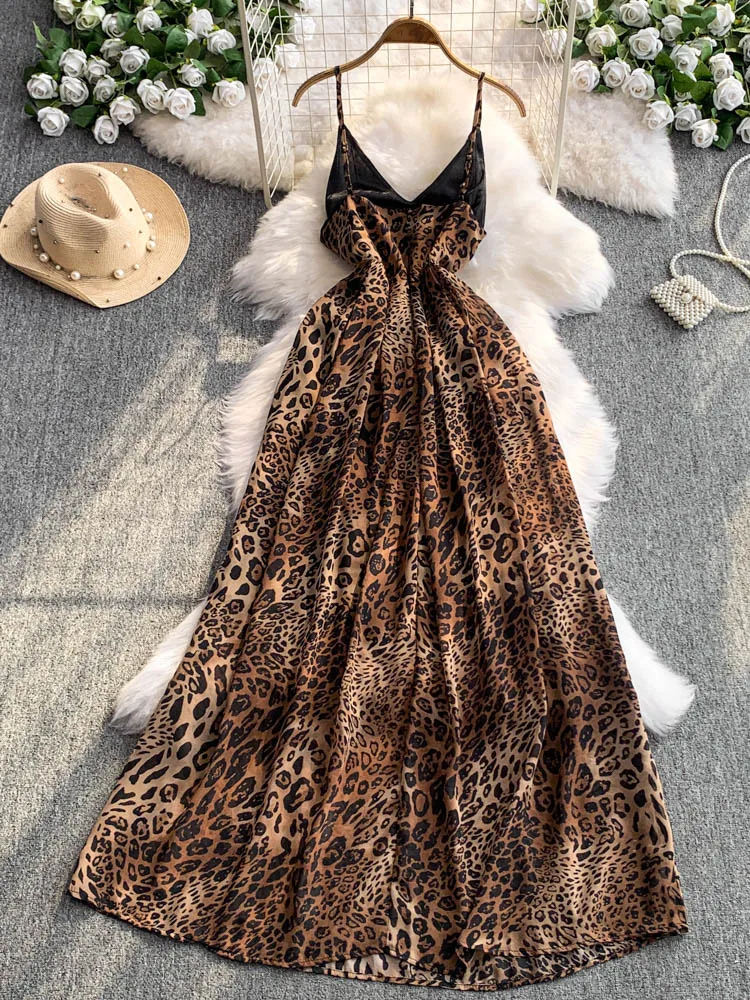 Vestido elegante con tirantes y estampado de leopardo para mujer