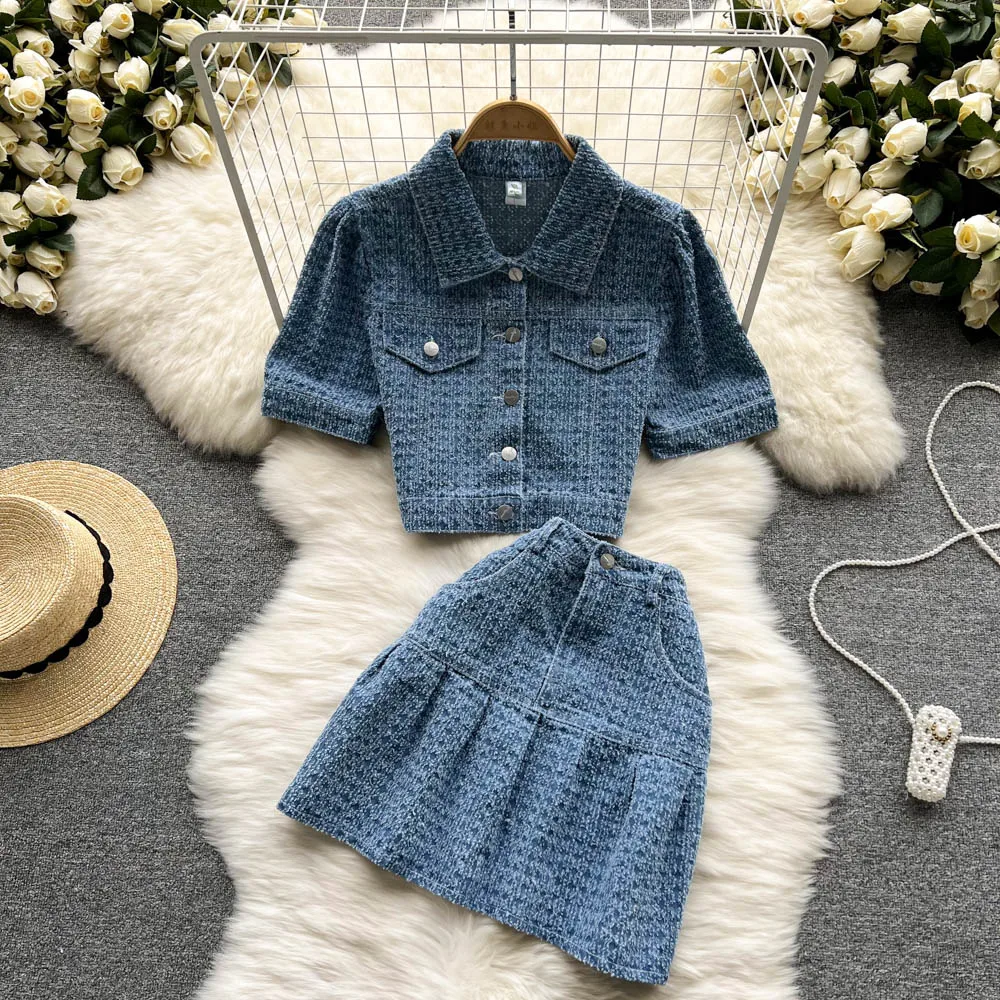

2022 Summer Short Sleeve Shirt women's loose thin bubble top high waist skirt cowboy two-piece suit