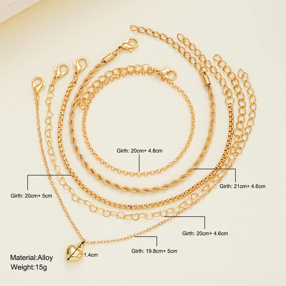 5Pcs Gold Color Bracelet Heart Twist Chain Bracelet Set for Women Vintage Multilayer Bracelet Jewelry Wholesale Dropshipping