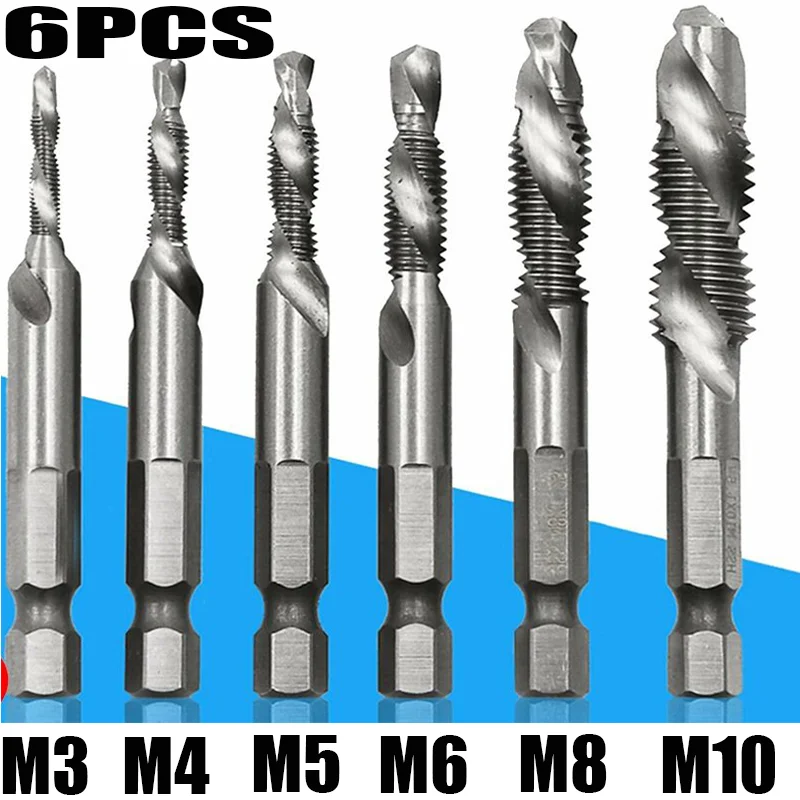 

6Pcs Tap Drill Bit Hex Shank Titanium Plated HSS Screw Thread Bit Screw Machine Compound Tap M3 M4 M5 M6 M8 M10 Hand Tools