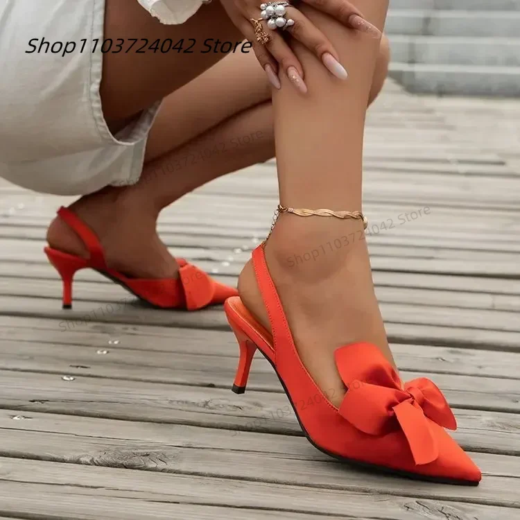 New Women's Shoes Pointy Light Mouth Orange Shoes Bow with Fashion Sexy Solid Color Banquet Fashion High Heels Bow Decoration 5