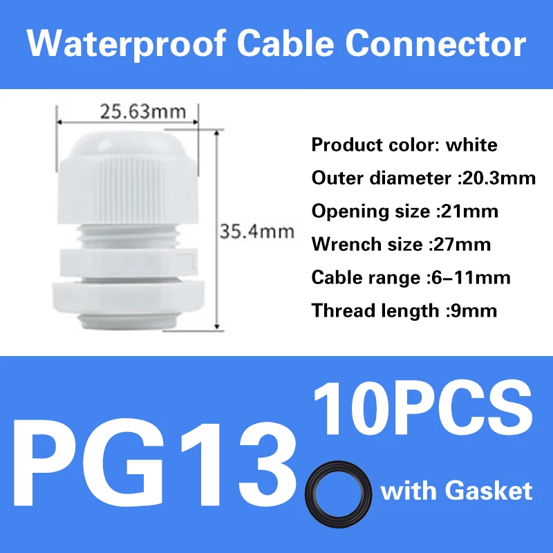 Waterproof IP68 Nylon Cable Gland Connector - White/Black