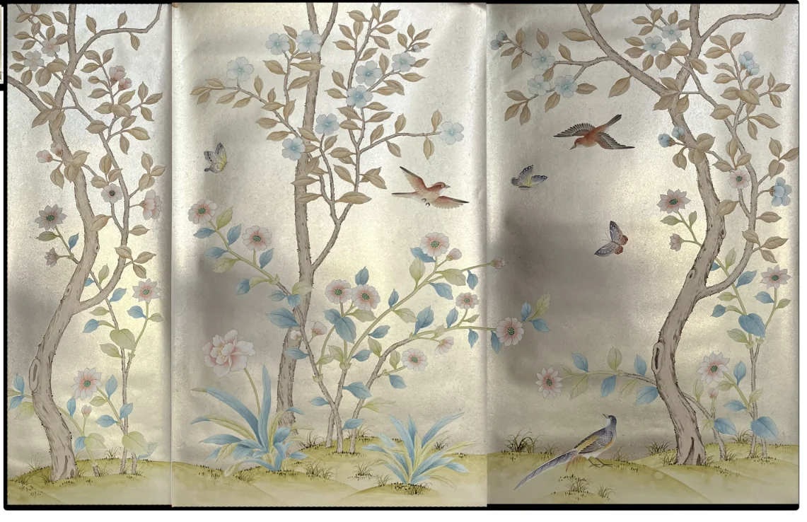 Luxury Hand-Painted Gold/Silver Foil W/Birds &Flowers Wallpapers Bedroom/Living/Study/Dinning Room/Sofa/TV Chinoiserie Wallpaper chinoiserie hand painted gold silver foil wallpaper painting plum blossom hand painted tv sofa bedroom living room background