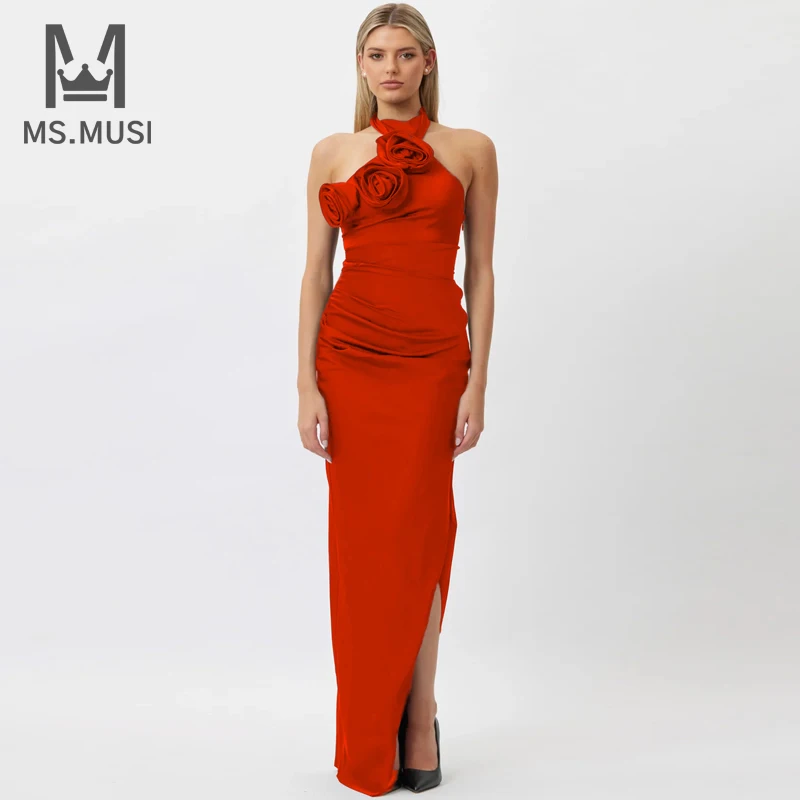 

MSMUSI 2024 New Fashion Women Sexy Halter Floral Decor Sleeveless Backless Bodycon Party Club Slit Maxi Dress Long Dress Gown