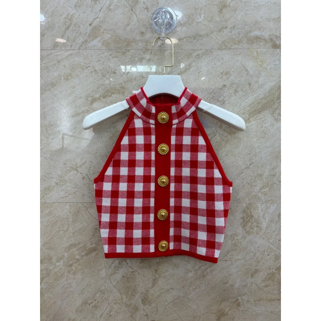

2024 New Red Buttoned Gingham Fine Knit Halterneck Tank Top