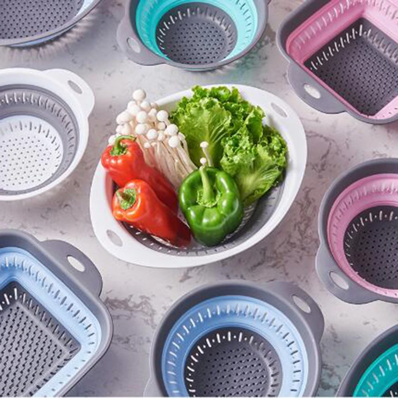 

Кухонная складная корзина для хранения, складной дуршлаг, Ручной слив, кухонный Органайзер с фильтром