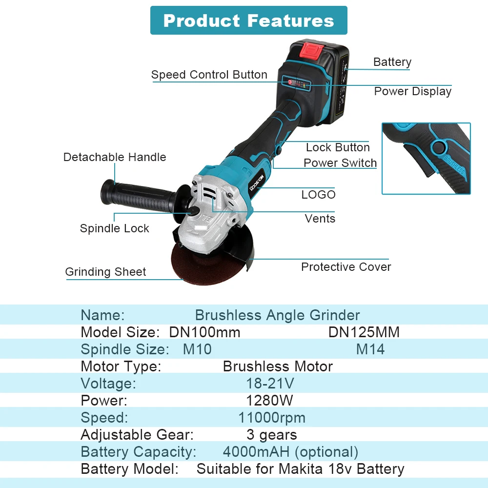 Brushless Electric Angle Grinder 100/125mm 3 Gear for Makita 18v Battery Grinding Cutting Polishing Machine Woodworking Tools 6