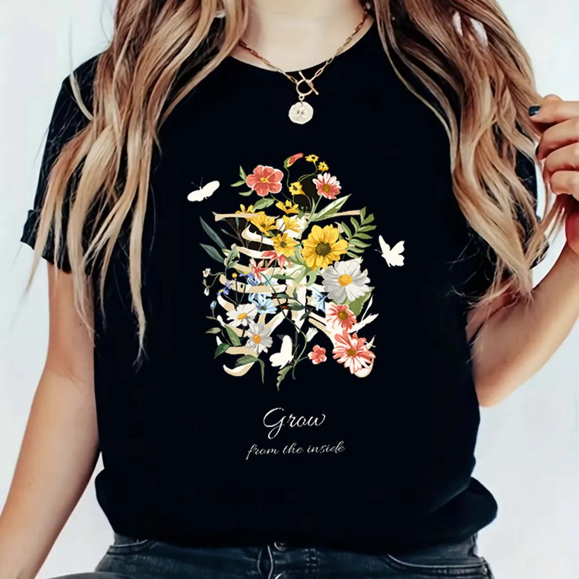 

Harajuku 90s Clothing Women's Flower Letter Pattern T-Shirt Clothing Women's Fashion Women's Casual Short Sleeved Printed T-Shir