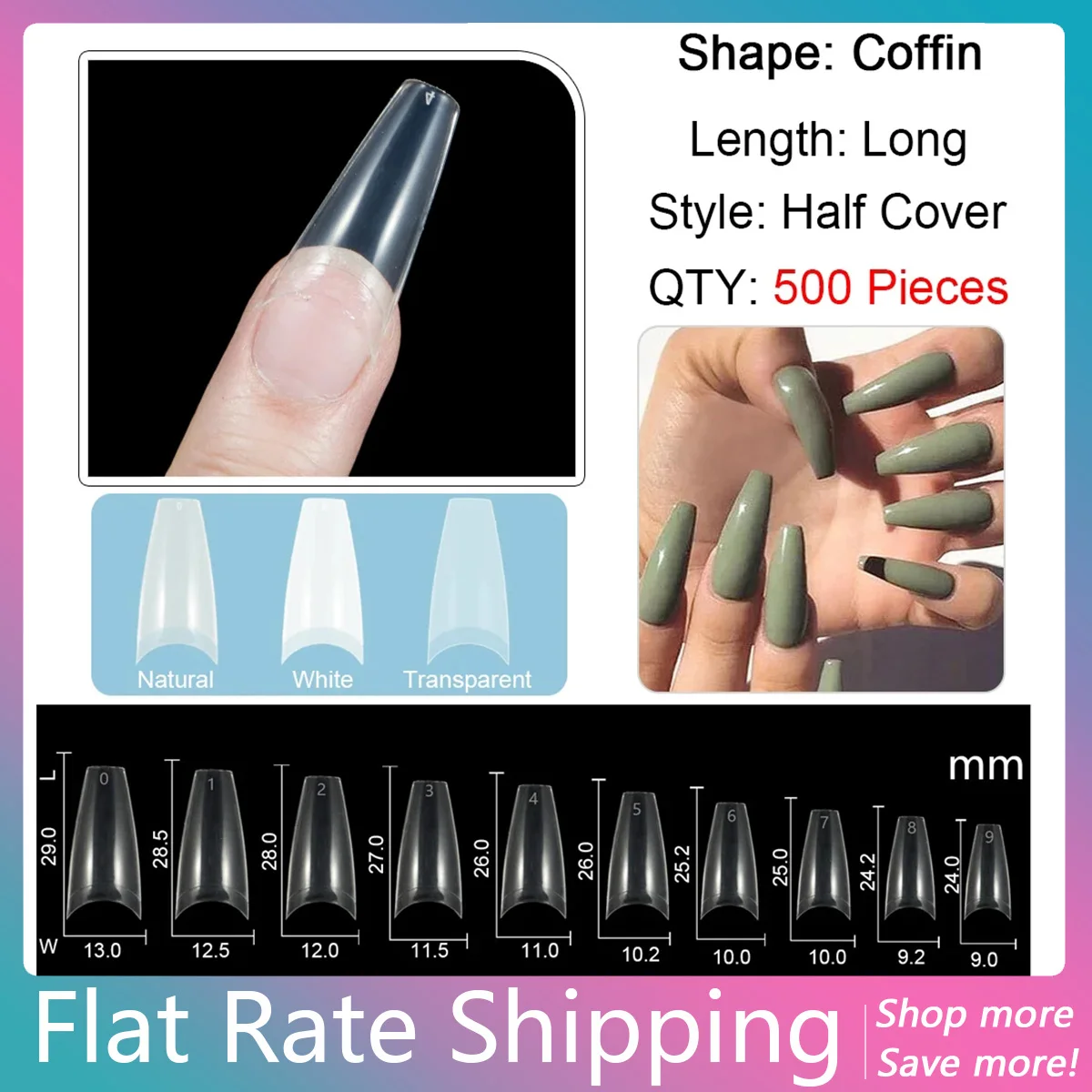 

500PCS Clear Natural False Nail Tips T Shape Half Cover French Coffin Fake Nails for Extension Fingernails UV Gel Manicure Tools