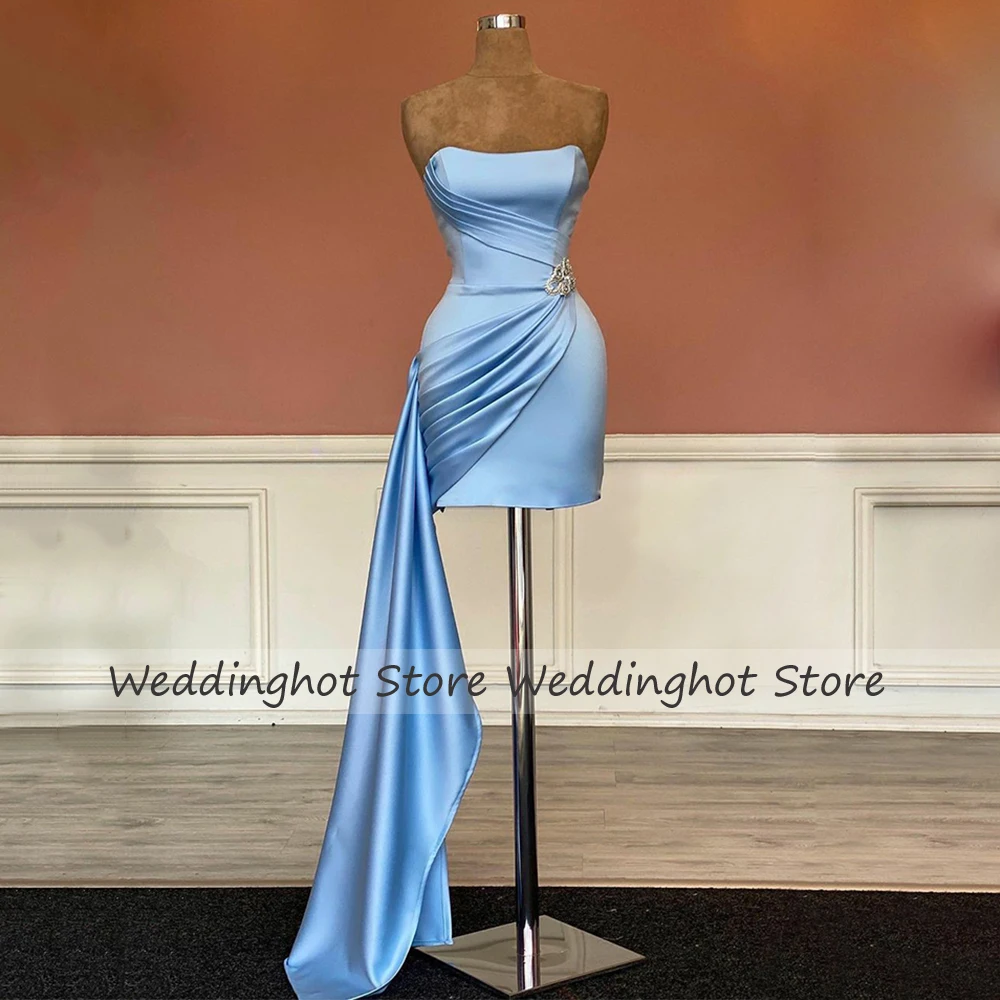 Mini Cocktail Dress with Side Draped Train Sky Blue Satin Gowns For Women Strapless Sheath Short Evening Party Dresses evening dresses,cocktail dress
