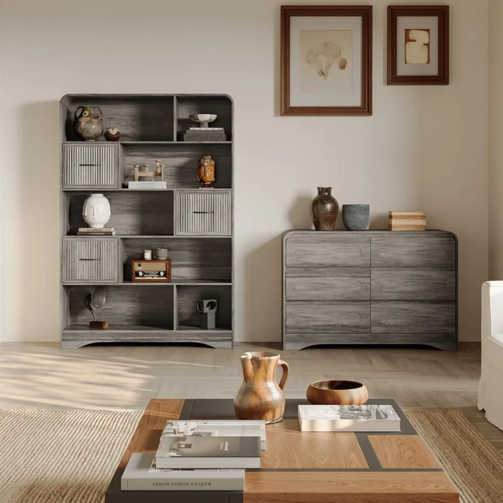 Bookshelf with Storage 3 Bins,70" Tall Bookcase,Arched 5-Tier Open Bookshelves and Bookcases,Farmhouse Wooden Billy Bookcase Dis 3