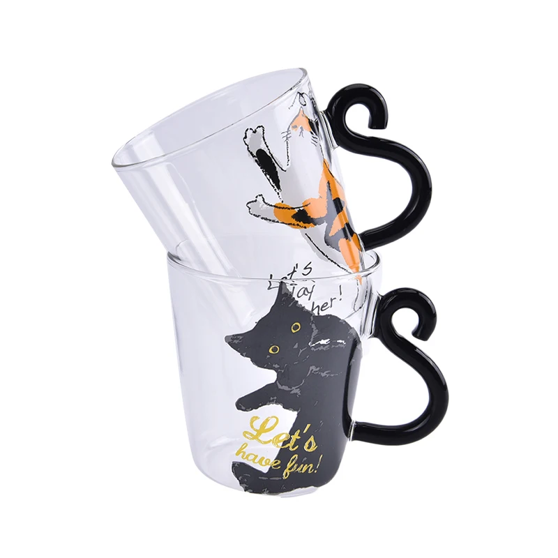 1PCS 250ml Cute Cat Glass Juice Coffee Cup Milk Tea Glass Mug Cat Tail Handle Valentine's Day Lover Gifts Stainless Spoon glass cup