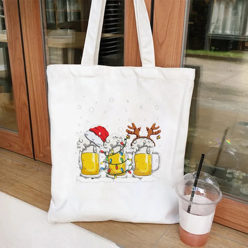 Christmas Beer Print Canvas Shoulder Bag Shopping Class Handbag Unisex Durable Grocery Carrier Tote Bag Customizable Logo