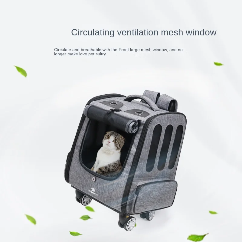 Pet Trolley Box Dog Stroller Cat Outing Box, Breathable Carried on Both Shoulders Pushed and Pulled, Lightweight Travel Backpack