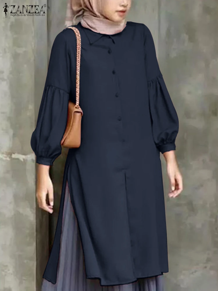 

ZANZEA Femme Long Shirts Fashion Muslim Tops Women Autumn Blouse Vintage OL Work Shirt Split Blusas Turkey Abaya IsIam Kaftan