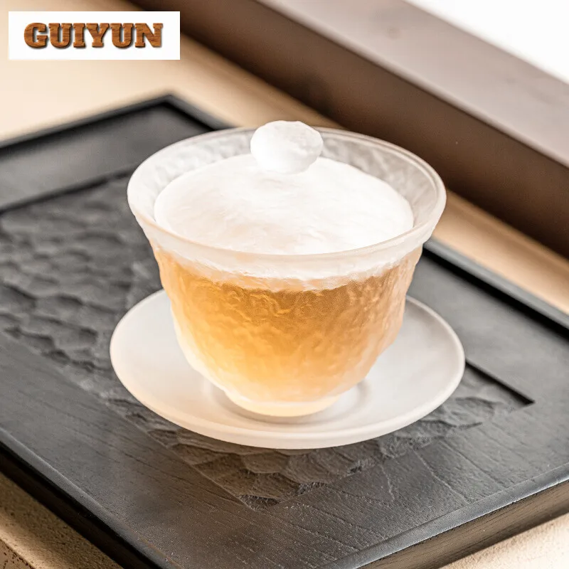 120ml Chinese Frosted White Glass Gaiwan Zen Anti Scalding Tea Tureen Tea Brewing Cover Bowl Azure Stone Ceremony Ornaments