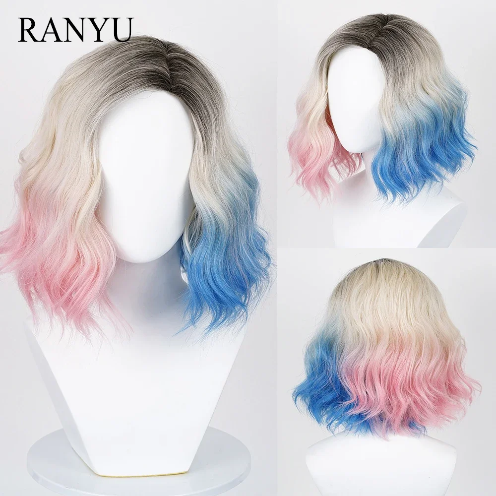 

RANYU Synthetic Short Wavy Curly Pink Blue Gray Gradient Hair Wig For Party