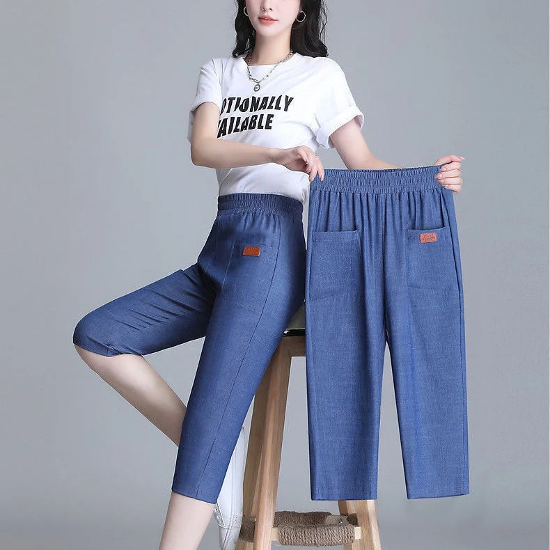 Thin Capri Jeans Pants For Women 2022 Summer Fashion Hight Waist Short Trousers  Blue Femme Pantalon Washed Denim Harem Pants