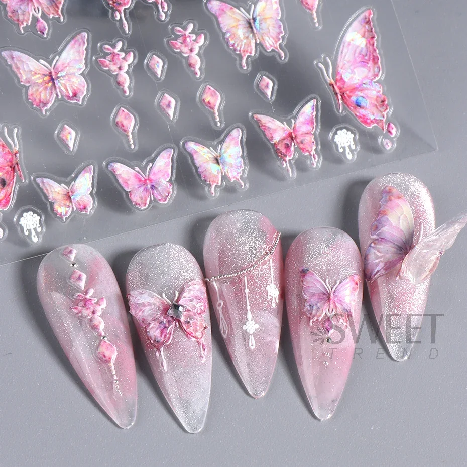 Acrylic Engraved Butterfly Nail Manicure Sticker Holographic Crystal Fairy Rose Flowers Adhesive Decals Charm Spring Foils Wraps