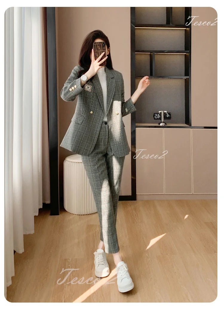 Tesco Popular Plaid Women Korean Style Suit Double Breasted Jacket+Trousers Temperament Slim Fit Elegant Female Pantsuit 2 Piece