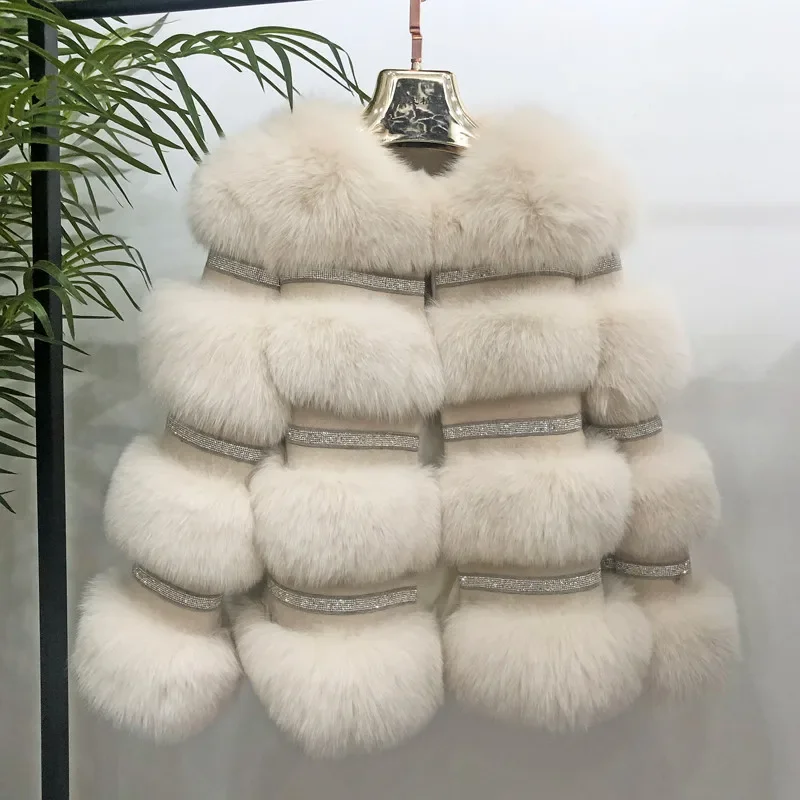 2024 nowa modna płaszcz z prawdziwego futra kurtka zimowa damska naturalne futro z lisa diamenty gruba ciepła odzież wierzchnia luksusowa marka Streetwear