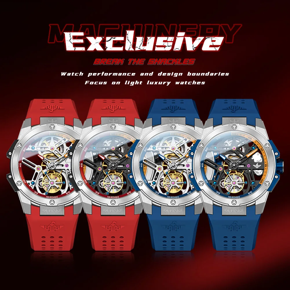 OUPINKE Tourbillon Watch for Men Automatic Mechanical Men's Watches Silicone Strap Sapphire Mirror Waterproof Original Watch Man