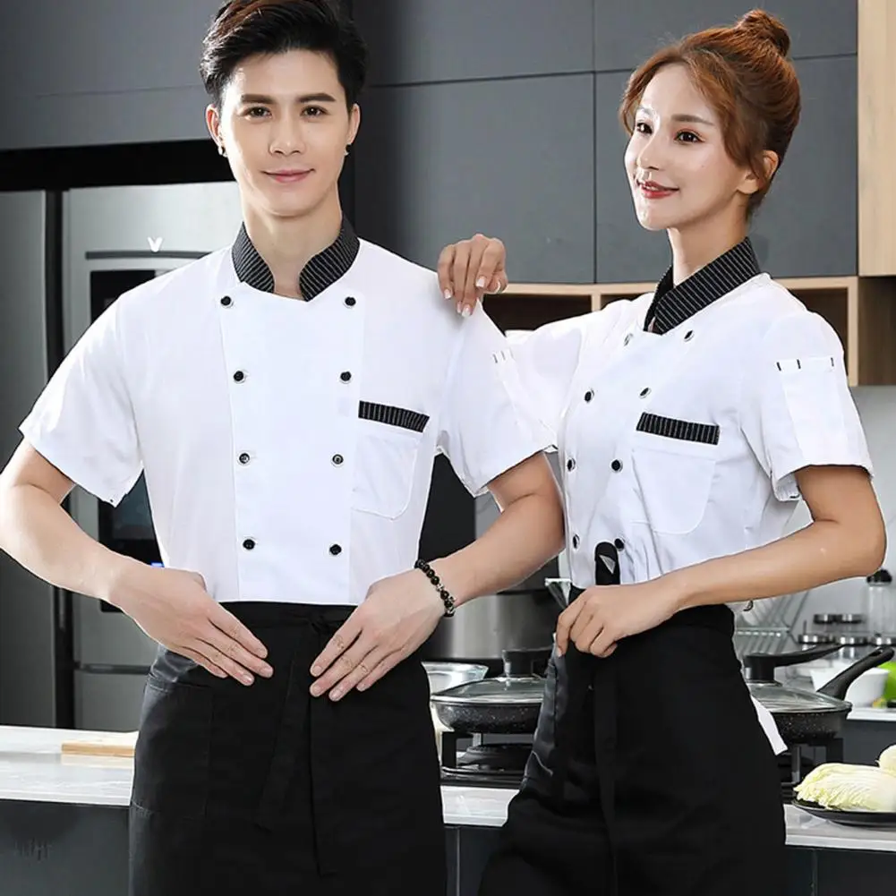 

Stand Collar Double Breasted Patch Pocket Splicing Color Chef Uniform Unisex Service Bakery Breathable Chef Shirt Work Clothing