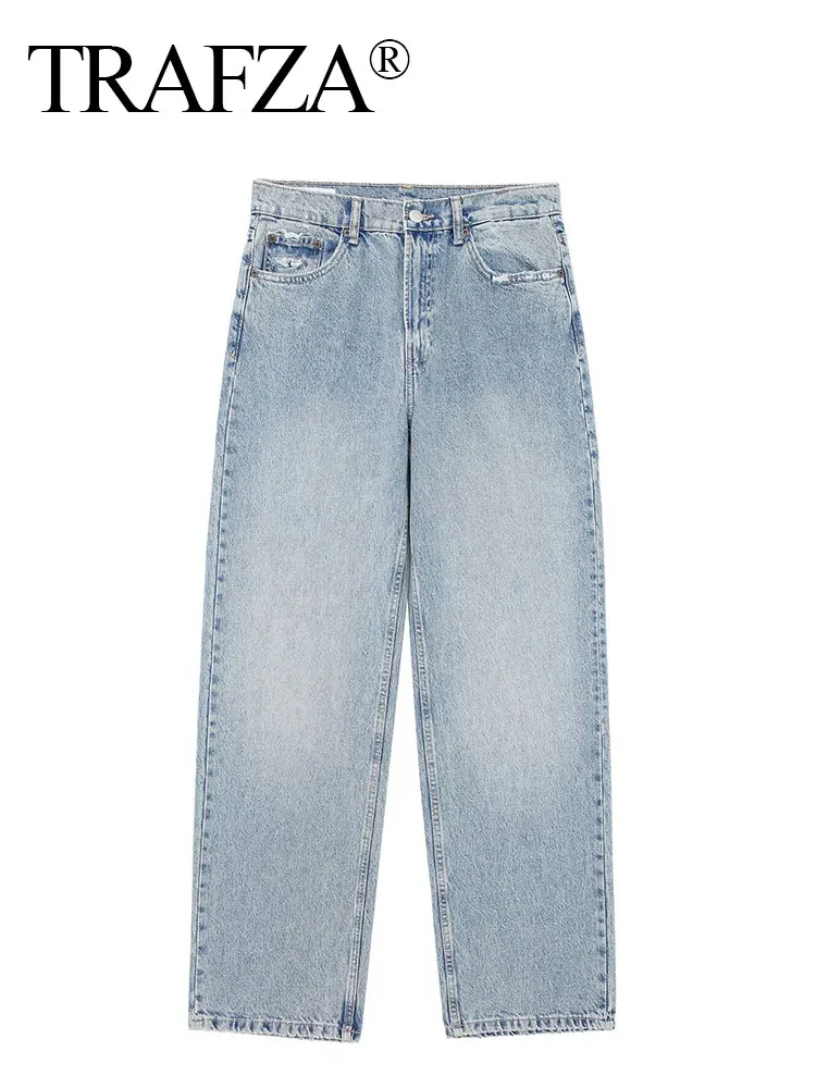 TRAFZA Jeans For Women 2024 Denim Solid Loose Zipper Fly Female Hole Trouser Pockets Wild Basic Commute Woman Wide Leg Long Pant 5