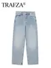 TRAFZA Jeans For Women 2024 Denim Solid Loose Zipper Fly Female Hole Trouser Pockets Wild Basic Commute Woman Wide Leg Long Pant 5