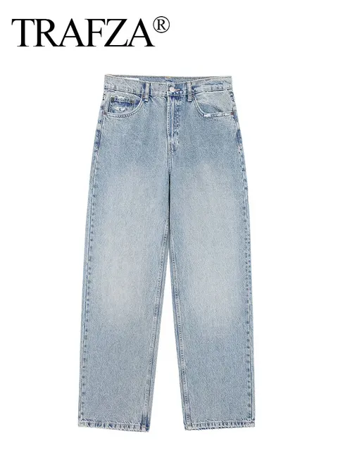 TRAFZA jean pour femmes 2024 Denim solide ample fermeture éclair mouche femme trou pantalon poches sauvage basique trajet femme jambe large pantalon Long 5