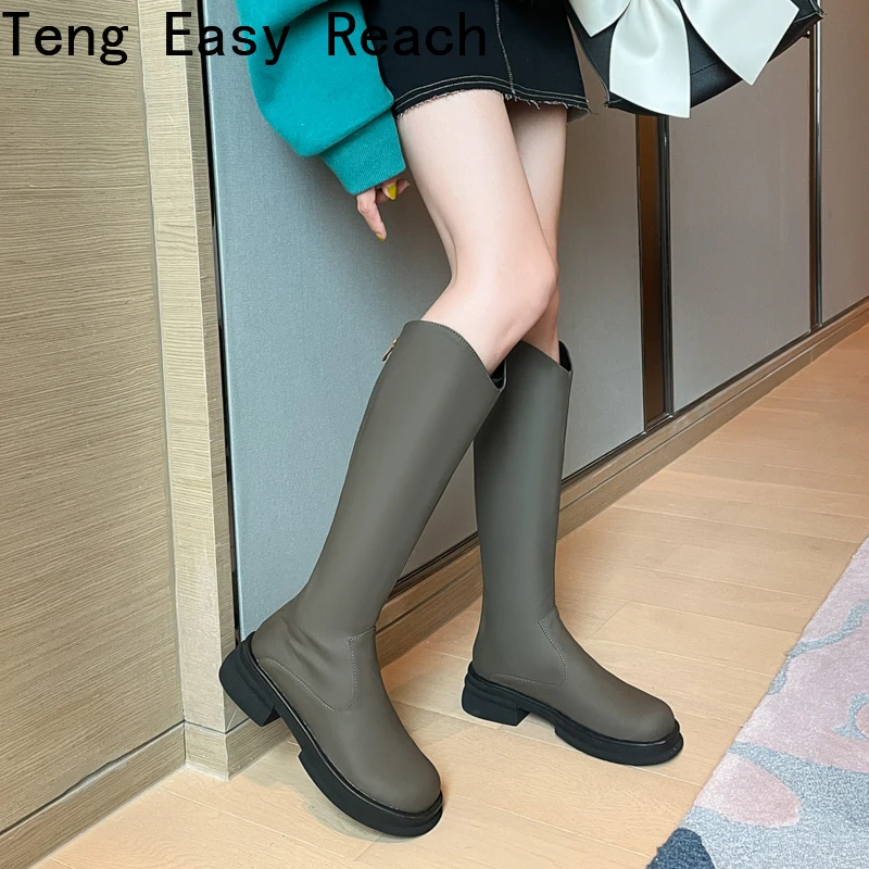 2022 New Winter Style with Fleece Medium Chunky Heel Knight Boots Women's Platform Boots High Heel Shorty Long Boots retro green