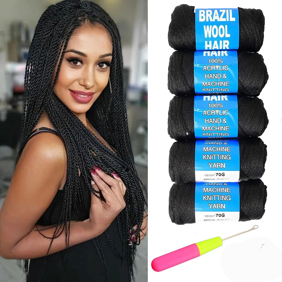 5 Pack Brazilian Wool Hair Synthetic Crochet Hair Extensions for Women African Yarn for Braiding Senegalese Twist Fake
