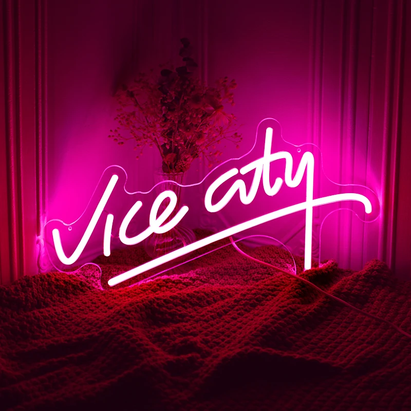 15.6x9.8 Inch Pink Vice City Neon Sign  Led Neon Sign for Bedroom Neon Letters Lights Sign USB Powered for Game Room