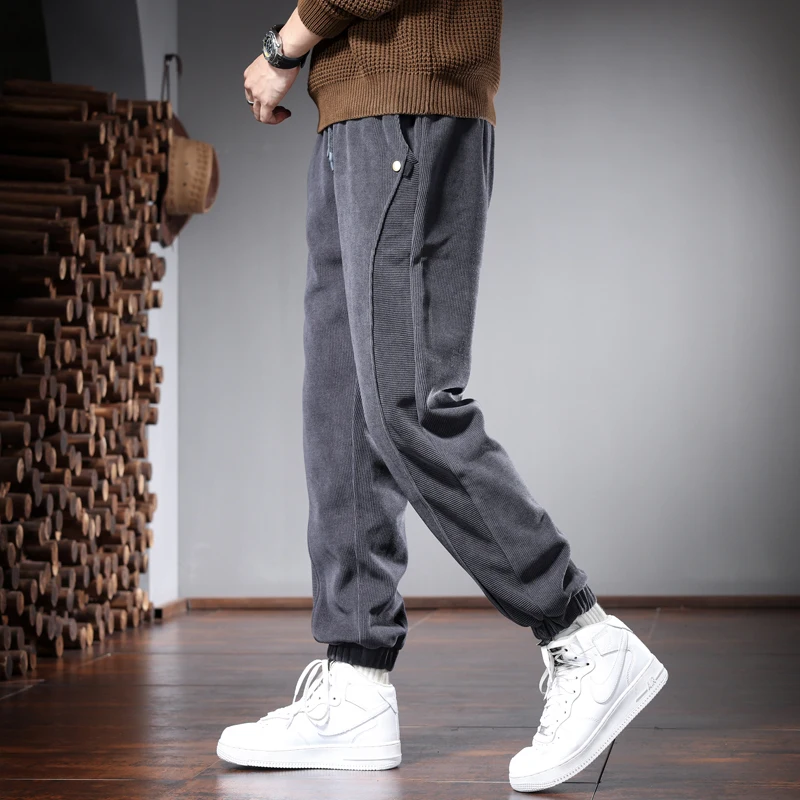 Autumn Men's Loose Corduroy Pants Casual Korean Style Black Gray Elastic Waist Joggers Trousers
