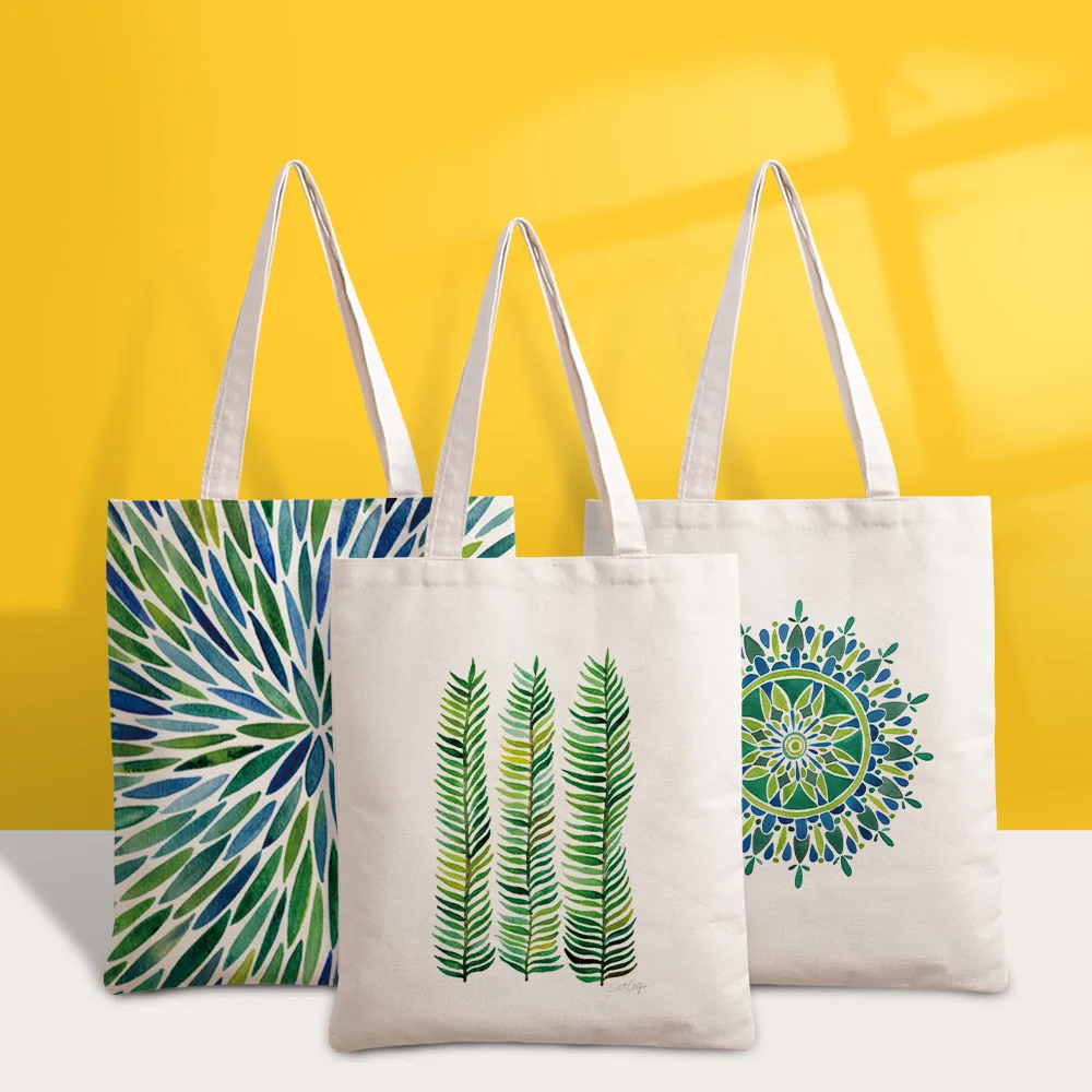 

Eco Women Shoulder Bags Green Leaves Teacher Fashion Female Handbag Canvas Shopping Bag Casual Large Ladies Travel Totes Bags