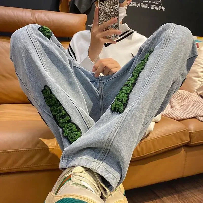 Jeans for Men With Print Straight Trousers Grunge Y2k Graphic Baggy Low Rise Stretch 2023 Trend 90s Streetwear Mens Cowboy Pants