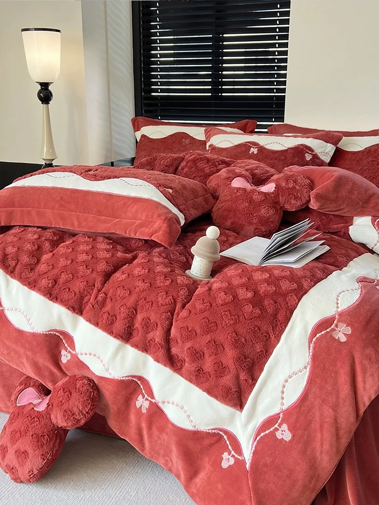 

Luxury Winter New Thickened Milk Plush Warm Rabbit Rabbit Fleece Duvet Cover Coral Fleece Bed Sheet Set of Four Bedding Supplies