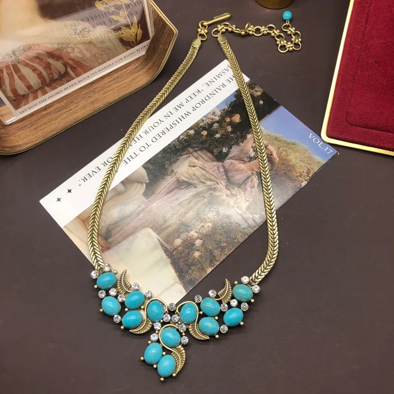 Saa1edfd75b1f4e3faf00cb56e9bf5184e Retro Fashion Jade Turquoise Inlaid Necklace Earring Set Banquet Party Jewelry High-End Women Elegant And Atmospheric Mallzona
