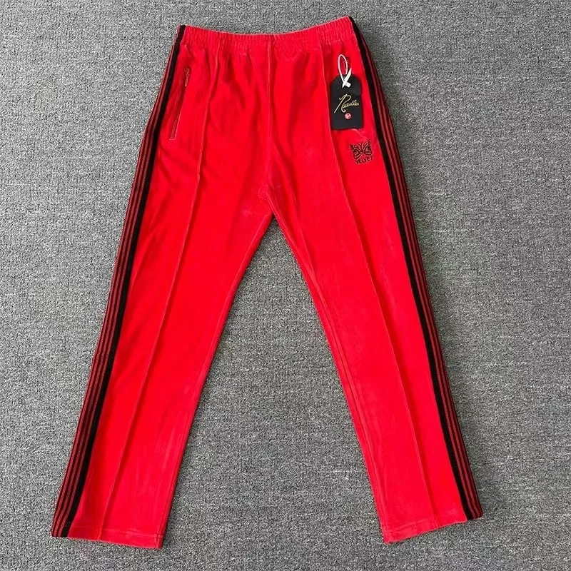 

Red with Black Border Stripes Needles Sweatpants Butterfly Embroidery High Street Trousers Bell-bottoms Men Women Casual Pants