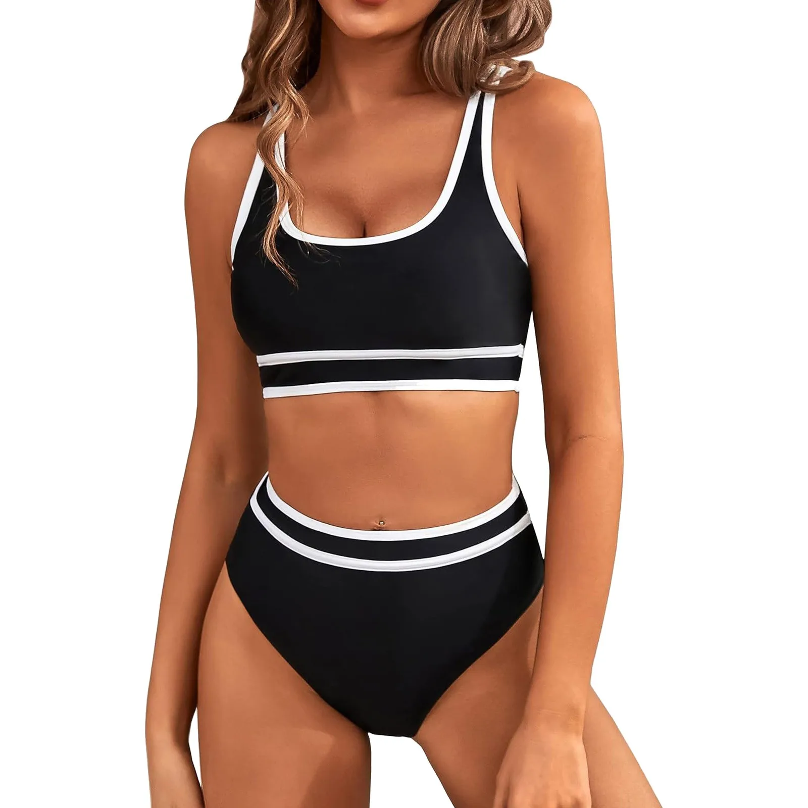 

Women's High Waisted Bikini Sets Sporty Two Piece Swimsuit Color Block High Cut Bathing Suits Summer Bathing Beach wear 2024