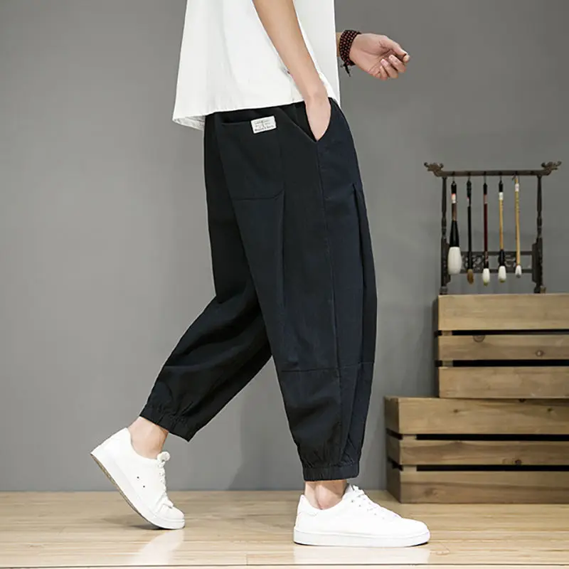 Summer Solid Color Fashion Elastic Waist Haren Pants Man High Street Casual Pockets Patchwork Drawstring Cotton Hemp Trousers
